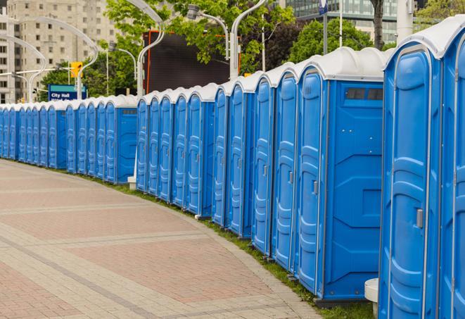 a fleet of portable restrooms ready for use at a large outdoor wedding or celebration in Alameda